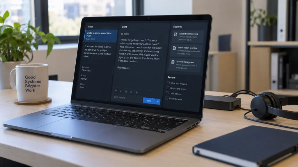 KI im Support: Vom Ticket zum prüfbaren Vorschlag 5 Laptop mit Supportticket, Antwortentwurf und Quellen zur Prüfung.