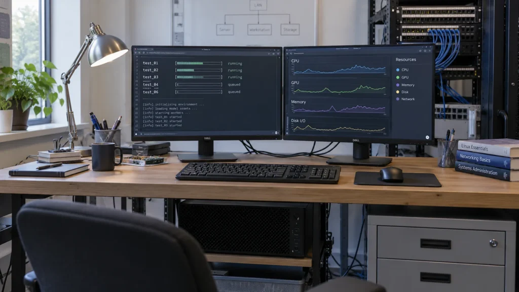 Lokale KI testen: Ein Pilot mit aussagekräftiger Last 2 Zwei Monitore zeigen Testläufe und die Auslastung einer Workstation.