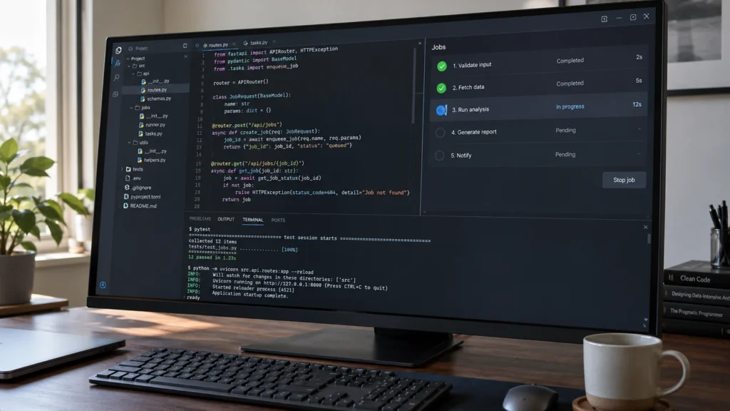 Skript, Workflow oder KI-Agent: Was passt zur Aufgabe? 3 Monitor mit Python-Code, API-Aufträgen und Terminalausgabe.