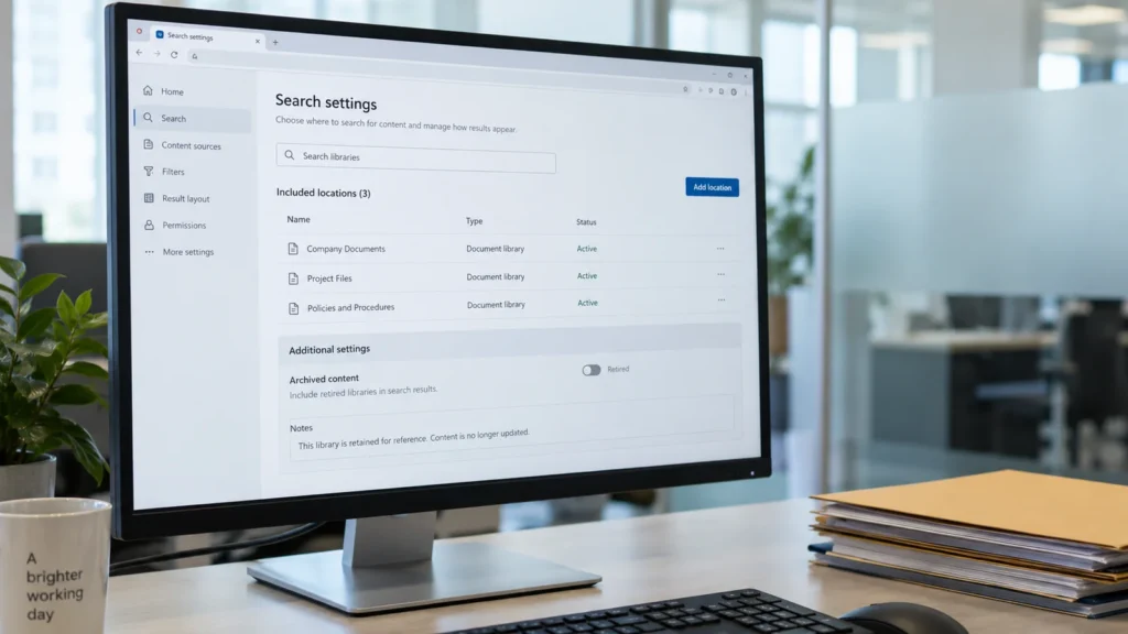Restricted SharePoint Search läuft aus: Was Unternehmen prüfen sollten 5 Monitor mit einer beispielhaften Such- und Dokumentenverwaltung.