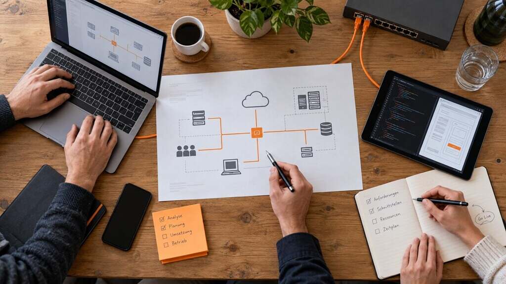 An architecture plan connects consultancy, operations, infrastructure and development in a clearly structured workspace