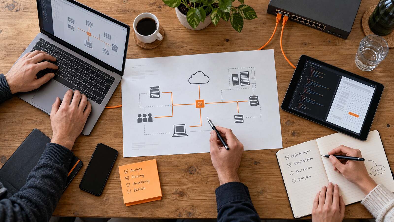 An architecture plan connects consultancy, operations, infrastructure and development in a clearly structured workspace