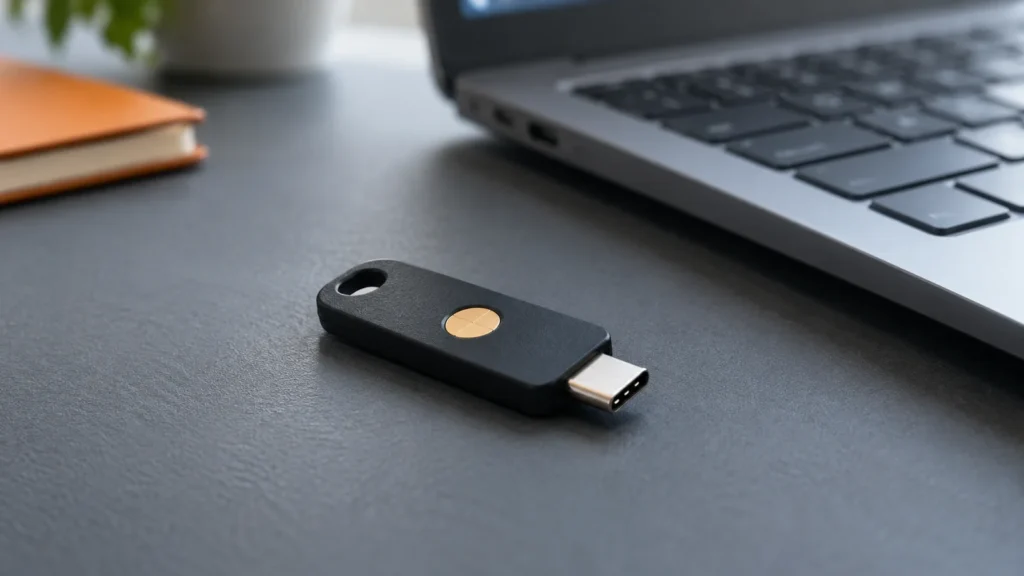 USB-Sicherheitsschlüssel und Windows: FIDO2 mit Entra ID richtig einordnen 6 USB-C-Sicherheitsschlüssel mit Berührungsfläche neben einem Notebook.