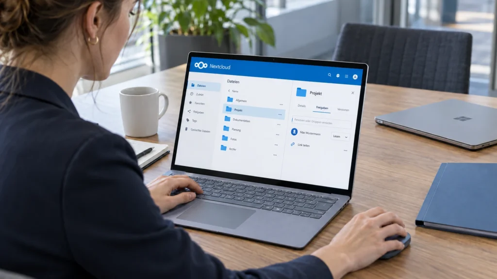 Nextcloud im Unternehmen: Freigaben, Updates und Wiederherstellung zusammendenken 5 Eine Anwenderin prüft am Surface-Notebook die Lesefreigabe eines Projektordners in Nextcloud.