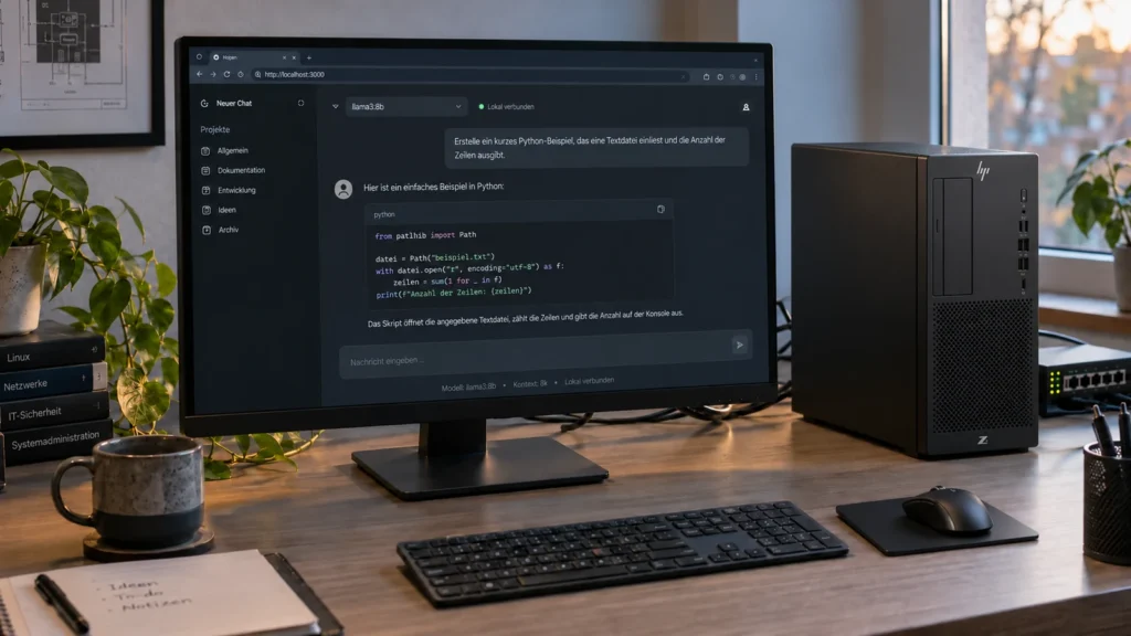 Ollama und Open WebUI im Firmennetz: Ein lokaler KI-Assistent 4 Lokaler KI-Chat am Monitor, HP-Workstation sowie vollständig eingerichteter Arbeitsplatz mit Tastatur und Maus.