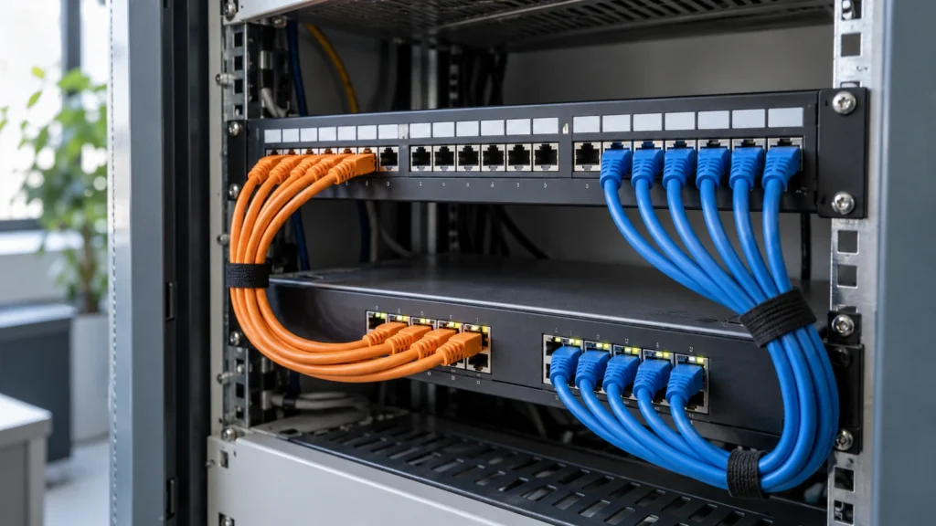OPNsense im Unternehmen: Netzwerkzonen statt eines einzigen großen Netzes 8 Orange und blaue Patchkabel verbinden getrennte Gruppen eines Netzwerkpanels mit einem Switch.