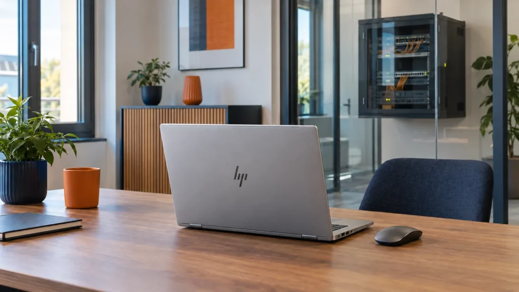Silbernes HP-Businessnotebook mit Maus vor einem abgeschlossenen Netzwerkschrank hinter Glas.