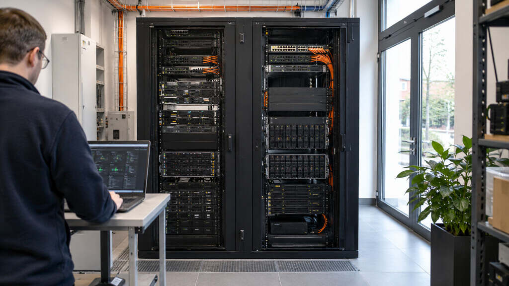 A technician maintains a compact virtualisation cluster in a bright server room