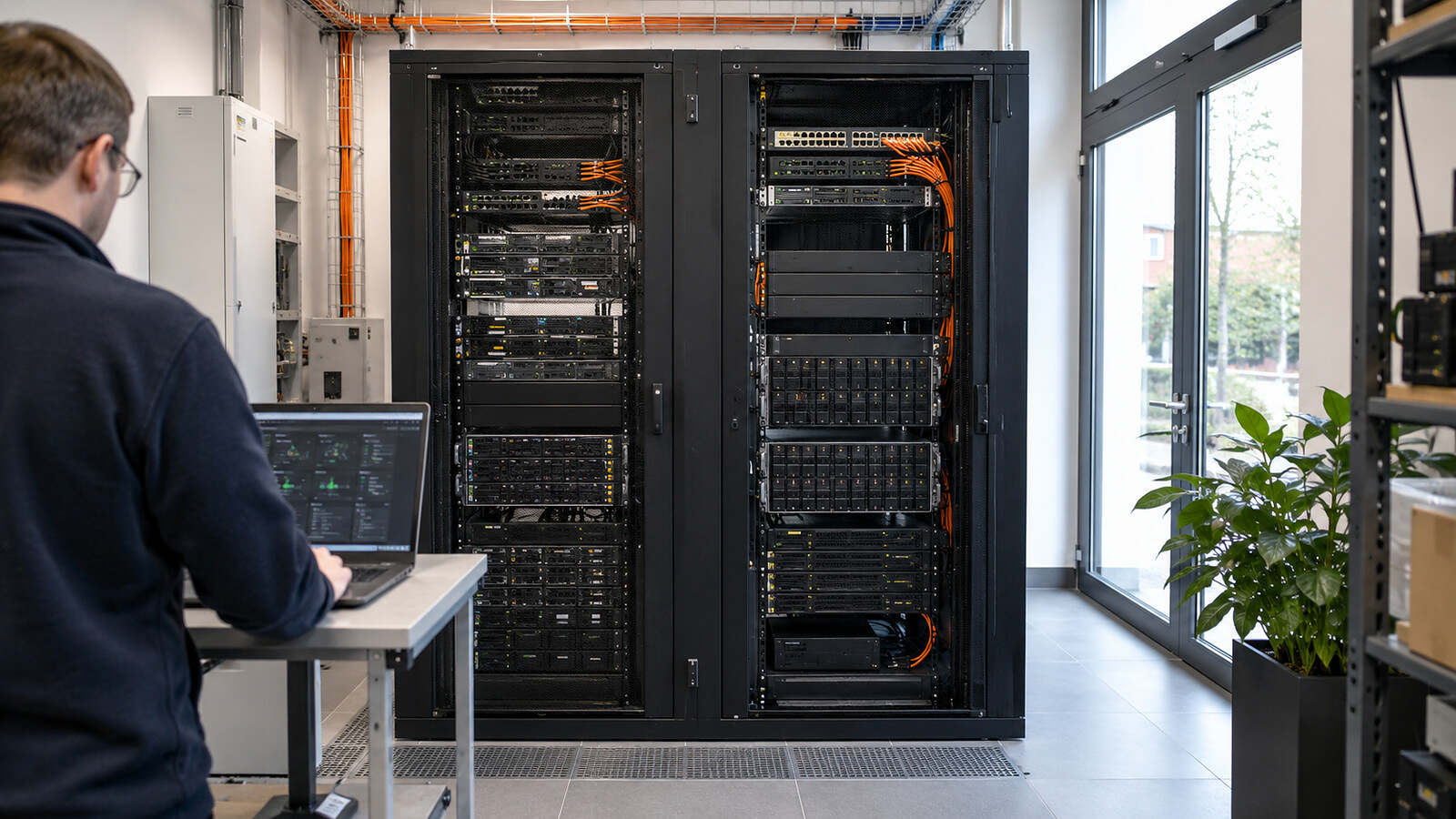 A technician maintains a compact virtualisation cluster in a bright server room