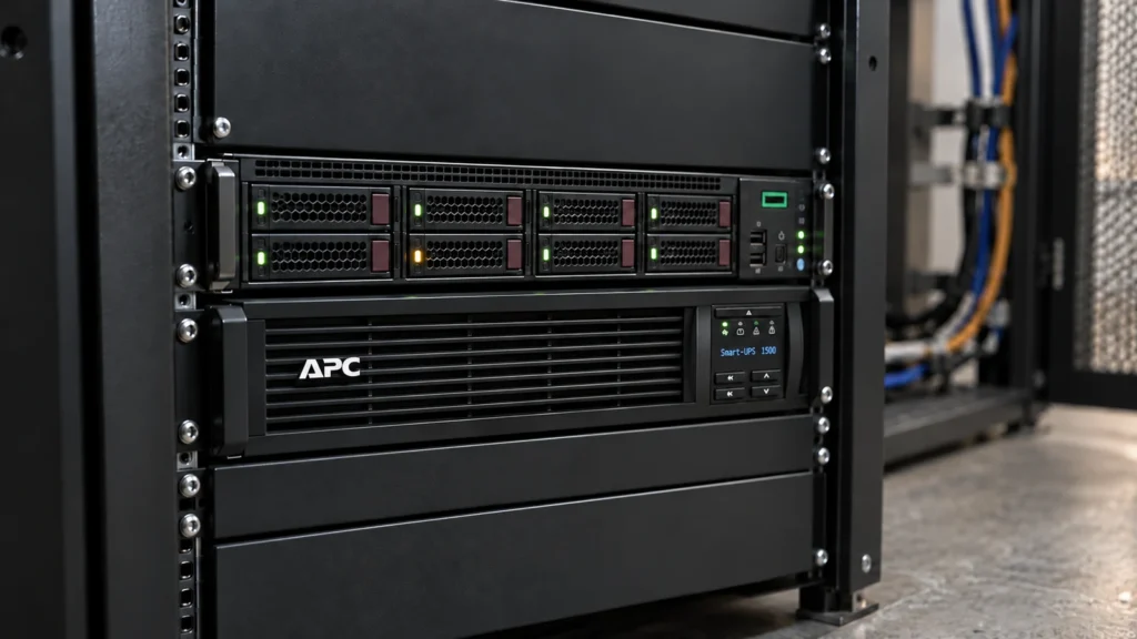 HPE-Rackserver mit Laufwerksanzeigen über einer APC-USV im Serverschrank.